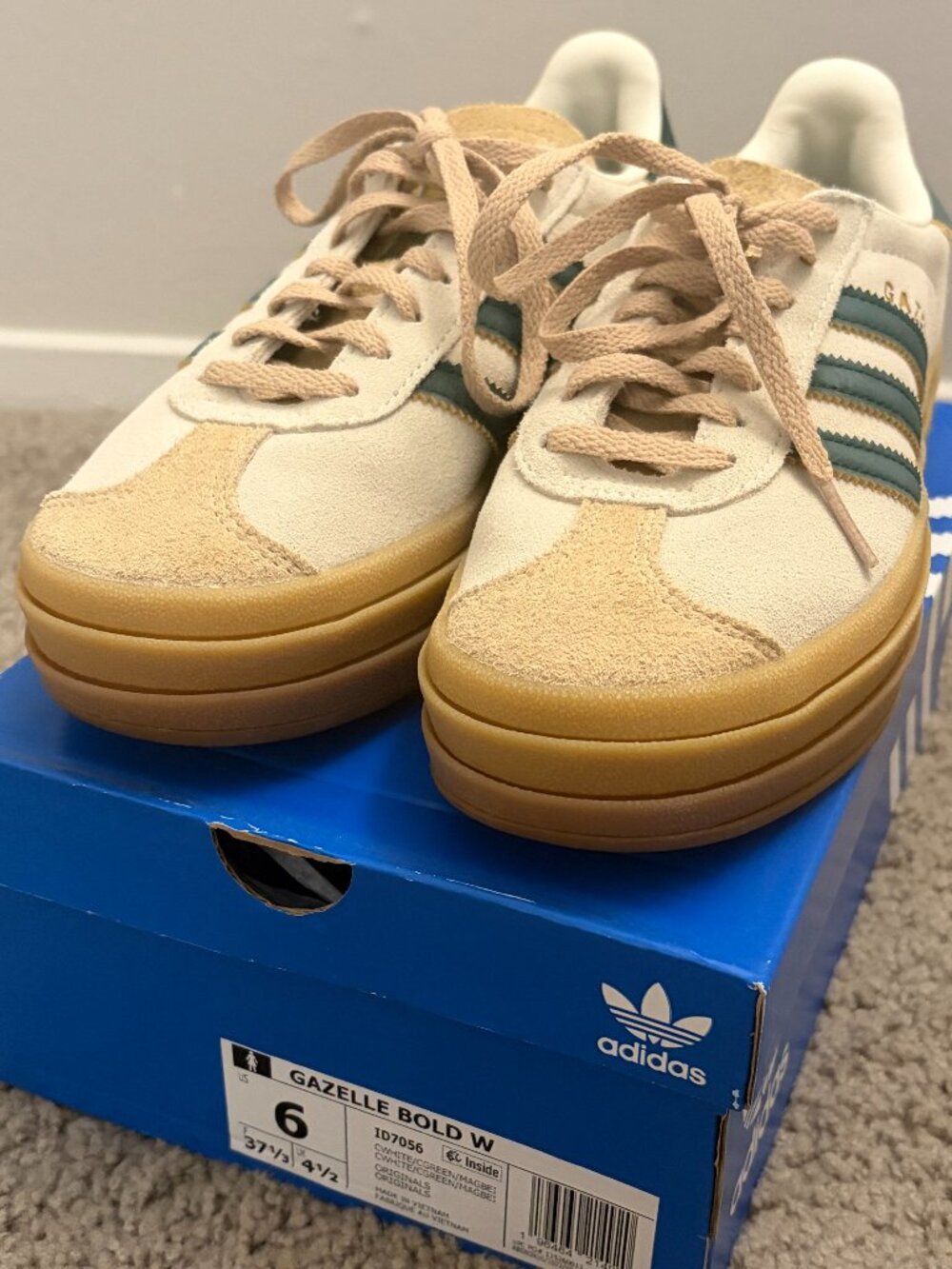 New Adidas Gazelle Bold W Cream Green Gum Platform Sneakers Women US 6 ID7056